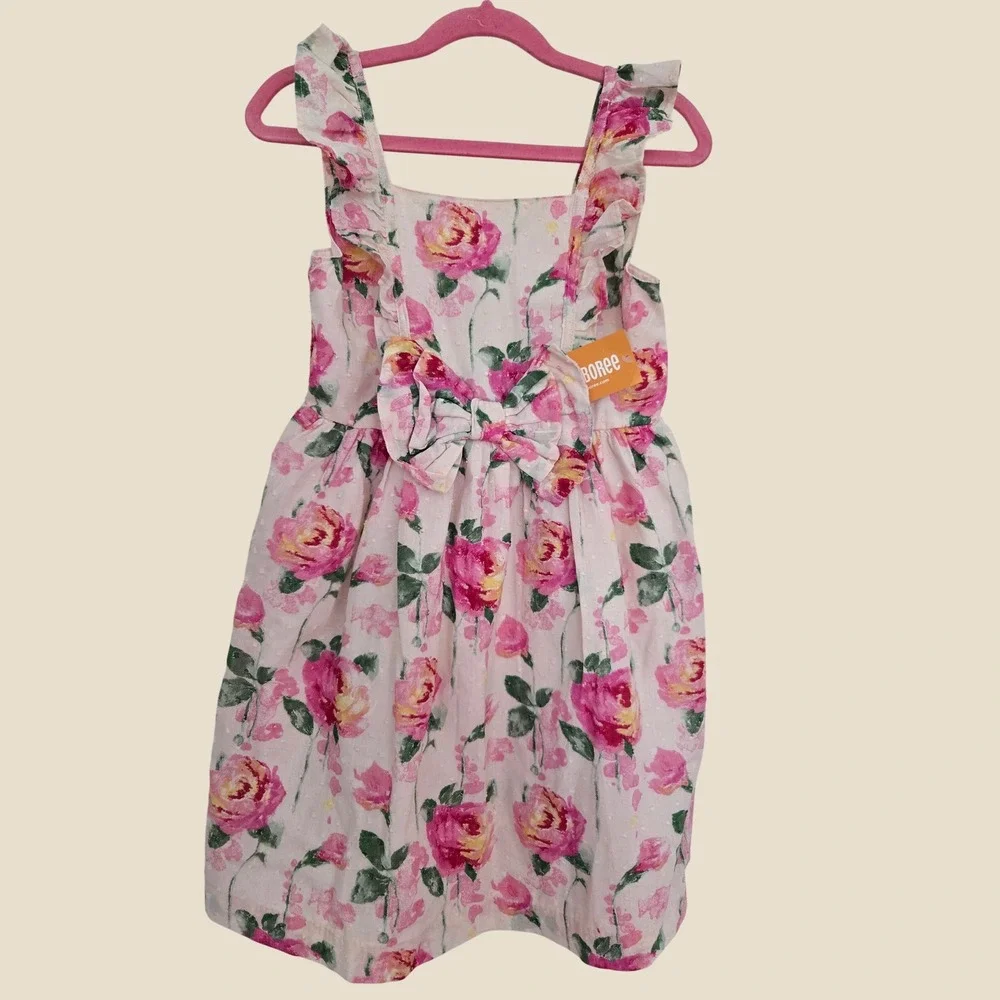 Gymboree Girls Pink Floral Swiss Dot Ruffle Bow Dress Size 6 NWT